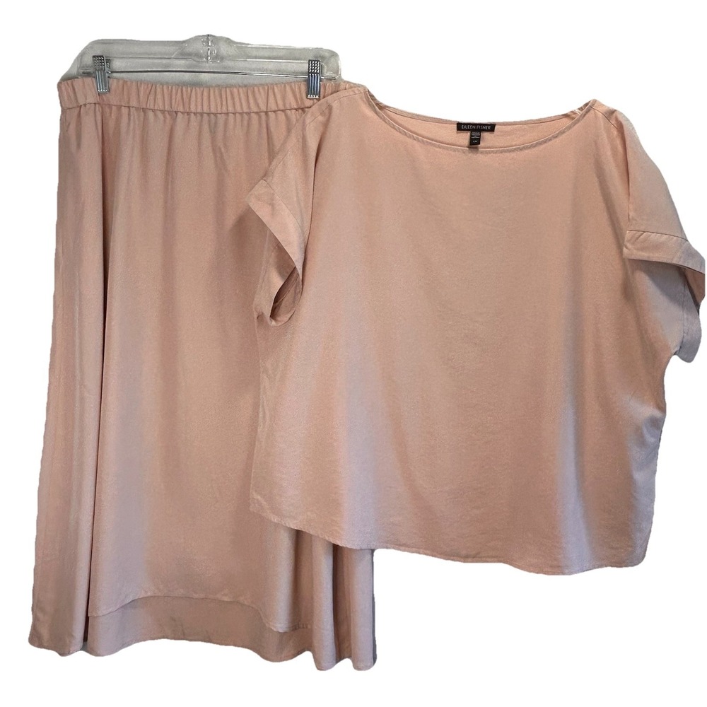 Eileen Fisher 2pc Set Elastic Waist Skirt Sz.M  Boxy Top Sz.L  Pale peach EUC